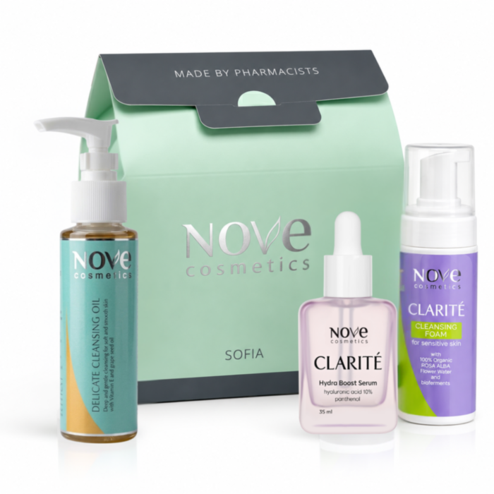 NOVE COSMETICS МИРАКЪЛ ПОЧИСТВАЩО ОЛИО + КЛАРИТЕ ПОЧИСТВАЩА ПЯНА + КЛАРИТЕ СЕРУМ С ХИАЛ. КИС. + КУТ.