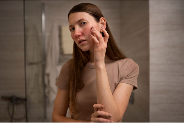 Жена със зачервена кожа на лицето